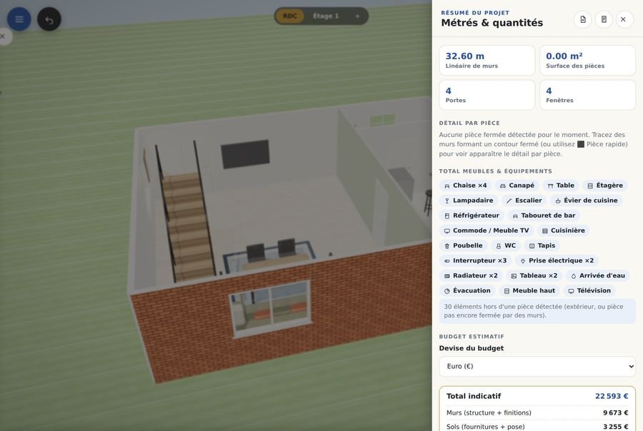 Panneau des métrés, quantités et devis estimatif dans Reno-Design