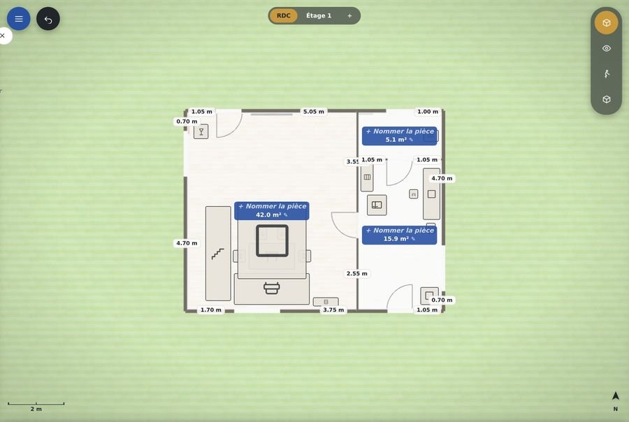 Plan 2D coté avec surfaces par pièce dans Reno-Design